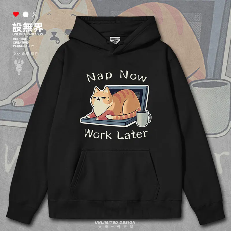 Work, lunch break, nap, little orange cat, computer fun mens hoodies hoodie long sleeve printed sports autumn winter clothes