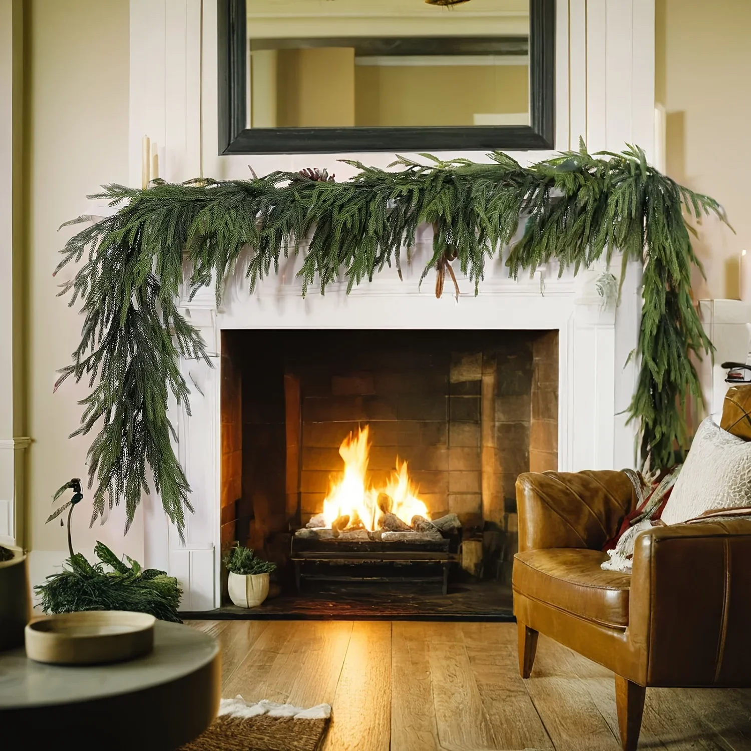 

Christmas Artificial Norfolk Pine Wreath Fake Green Garland Front Door Porches Fireplace Home Decor Christmas Decor