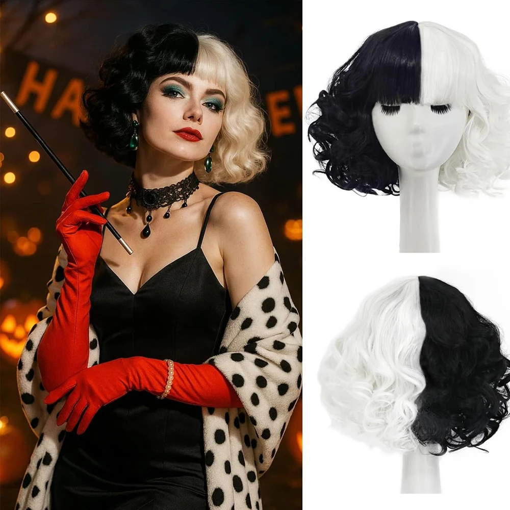 

Black and White Wigs for Costume Women Short Curly Wavy Hair Wig with Wig Caps Cute Synthetic Wigs for Cosplay Party Halloween