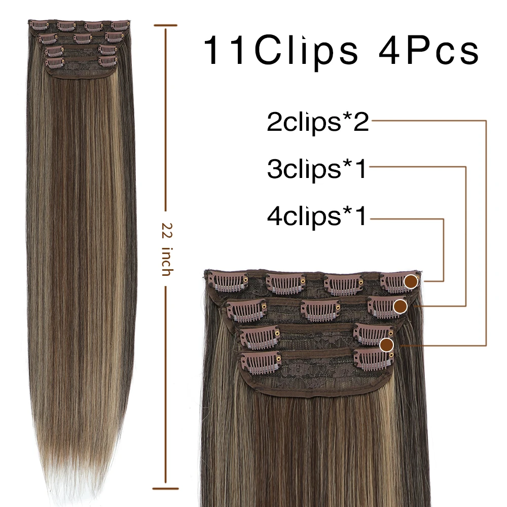 4Clips Lange Rechte Synthetische Clip In Hair Extensions Natuurlijke Hoge Temperatuur Vezel Zwart Bruin Blond Haarstukje