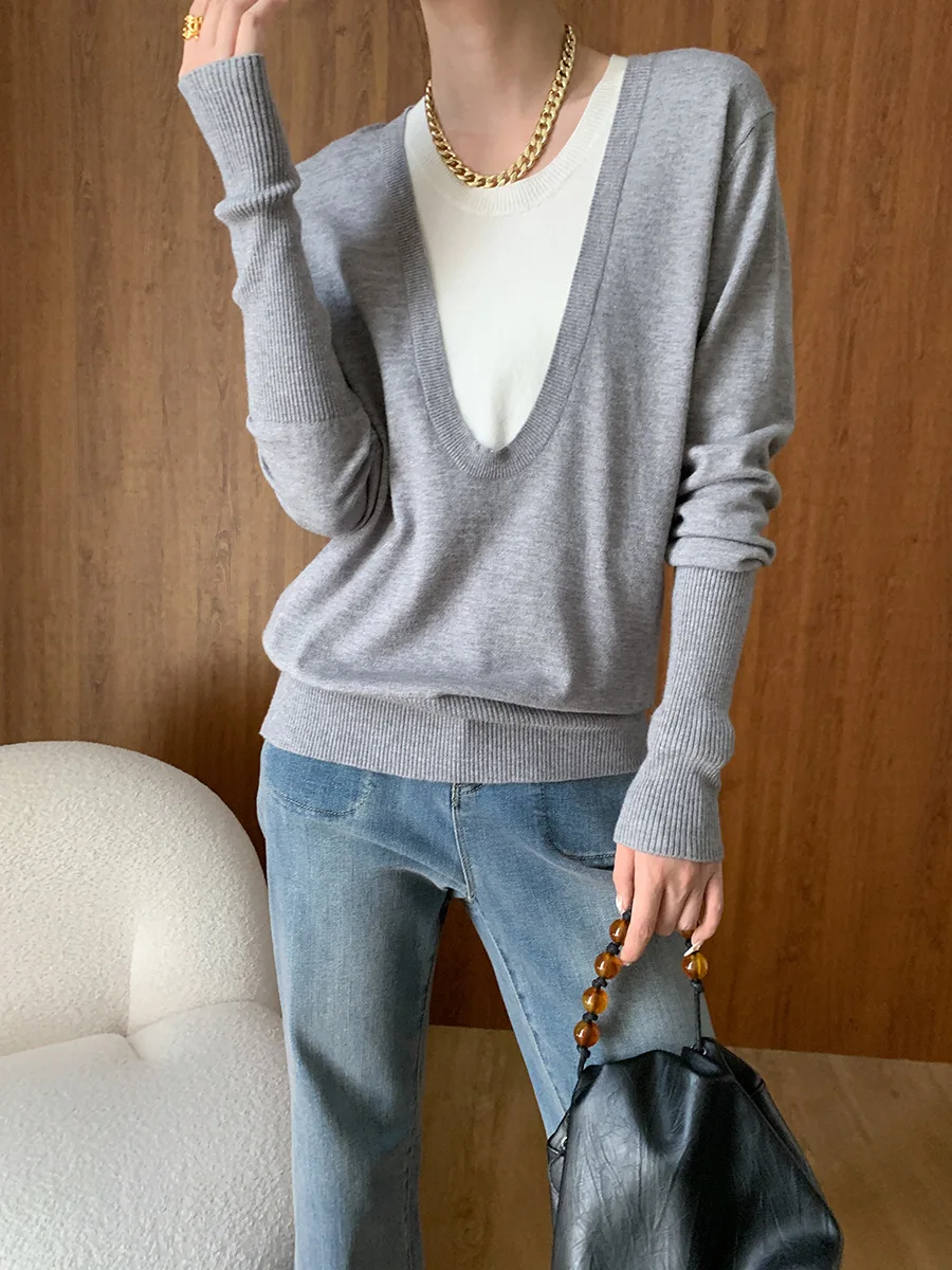 French lazy style big V-neck loose fake two-piece sweater 2024 early autumn new style