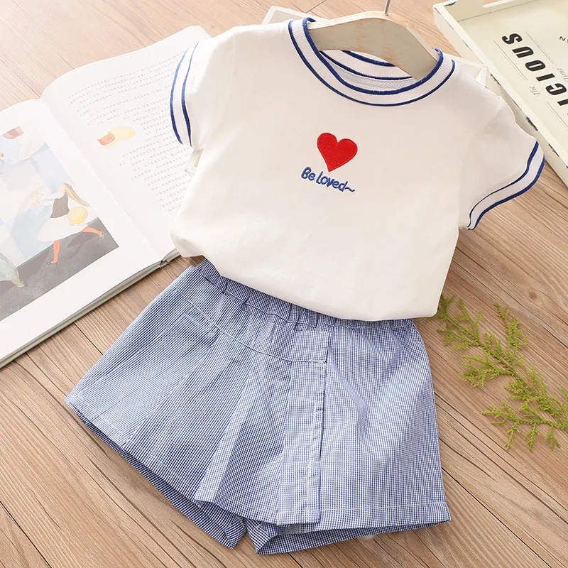 2024 Summer 3 4 5 6 7 8 10 12 Years Children Letter Heart Short Sleeve Letter Heart T-Shirt+Skirt 2 Pieces Set For Kids Girl