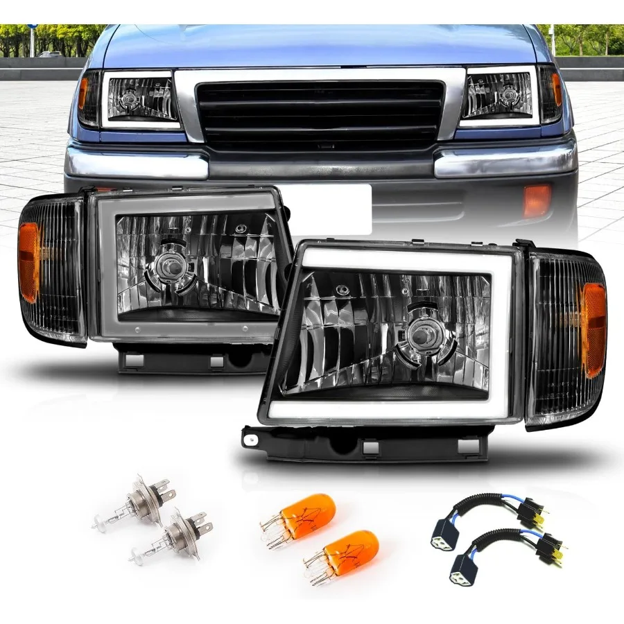 

For 1997-2000 Toyota Tacoma 2WD Pickup LED Tube Black Replacement Headlights with Integrated Corner Light Set Compatible with B