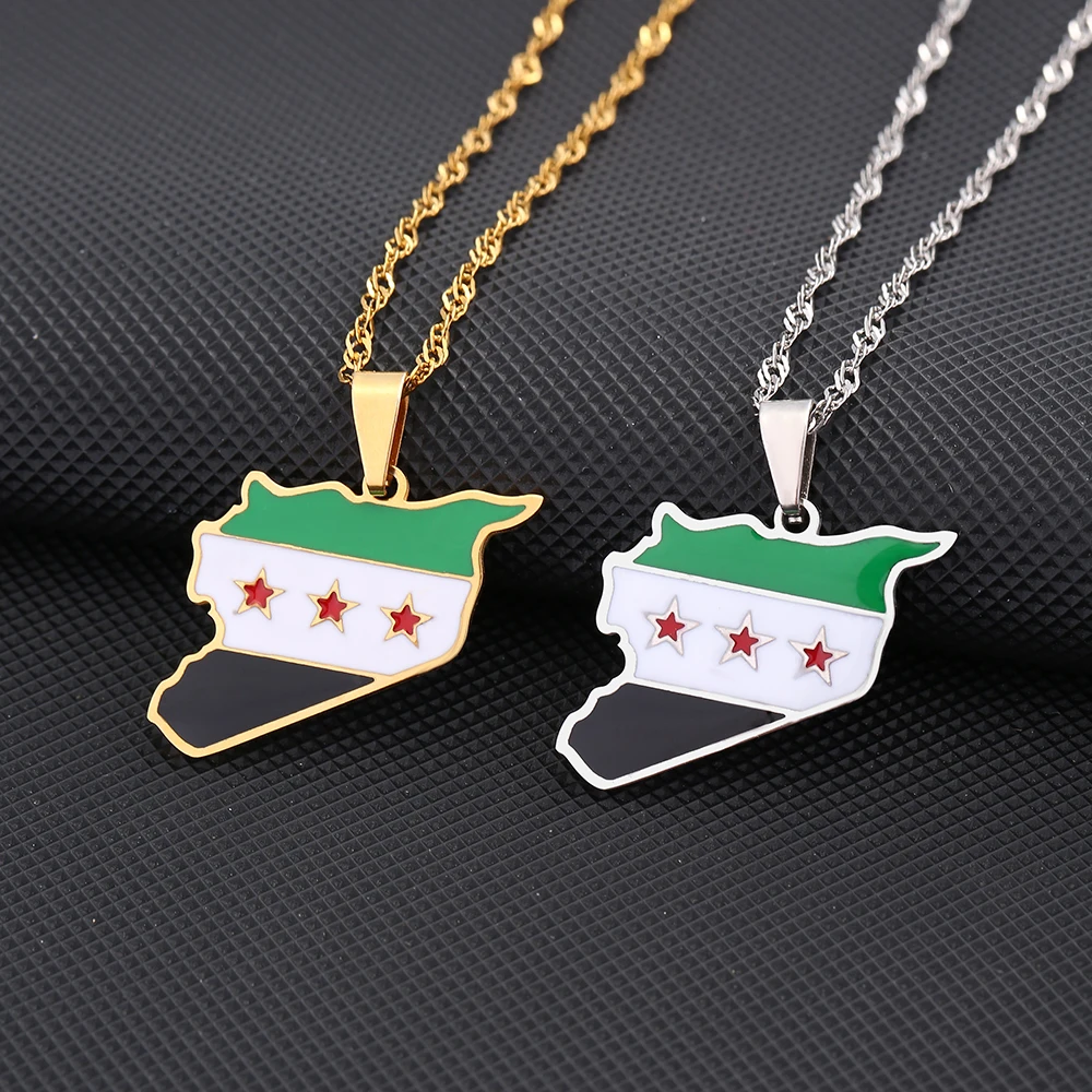 Fashion Enamel Drop Oil Syria Map Flag Pendant Necklace For Women Girls Stainless Steel Syrians Ethnic Party Birthday Jewelry