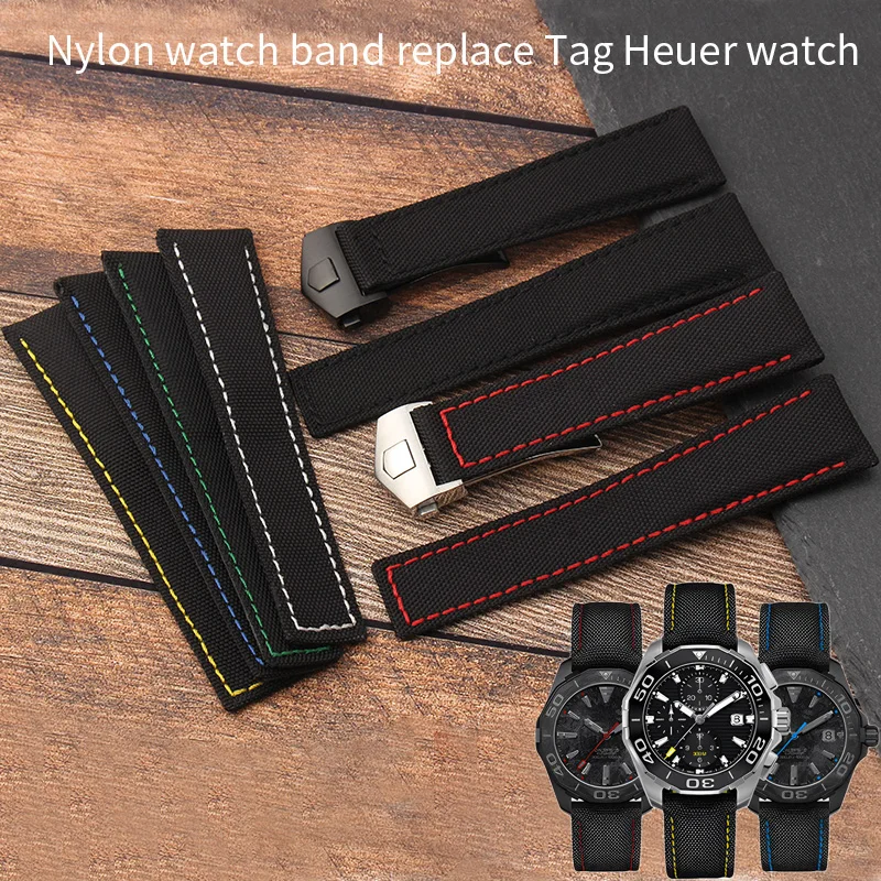 Pulseira de relógio de náilon + couro para tag heuer f1 pulseira de relógio para omega breitling substituir pulseiras 20mm 22mm pulseira de fecho dobrável