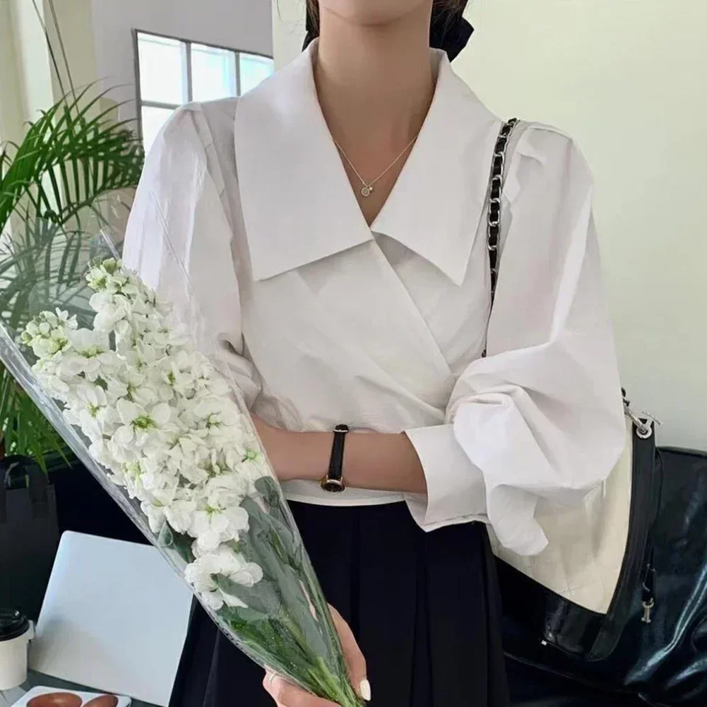 

Autumn Season Waist Cross-over Shirt Casual Female Shirt L M Polyester Fabric Short Style Slightly Elastic Solid Color Pattern