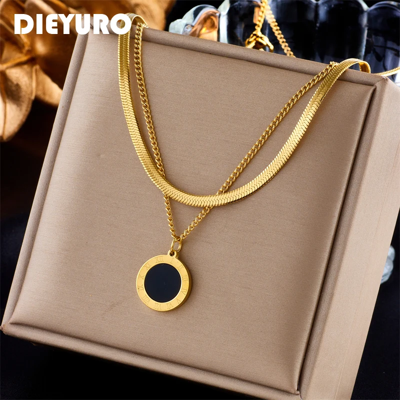 DIEYURO 316L Stainless Steel Roman Numeral Dial Pendant Necklace For Women New Trend Girls 2-Chain Choker Birthday Jewelry Gifts