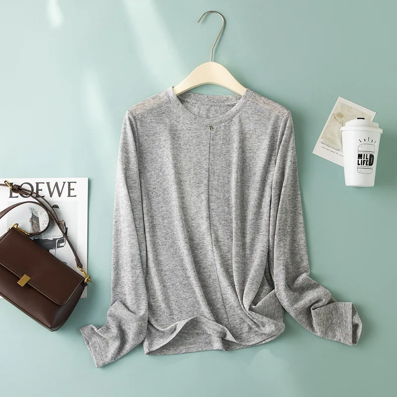 Light Weight T Shirt Ramie Blend Long Sleeve Spring Summer Tops With Horse Applique