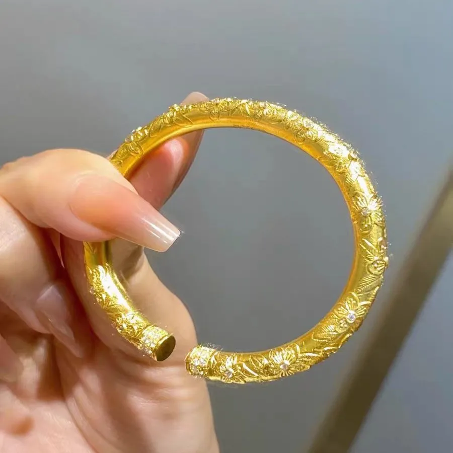 

Women's 24K Gold (AU999) Open Cherry Blossom Bracelet | Hammered Sakura Bark with Raised Diamond Veins