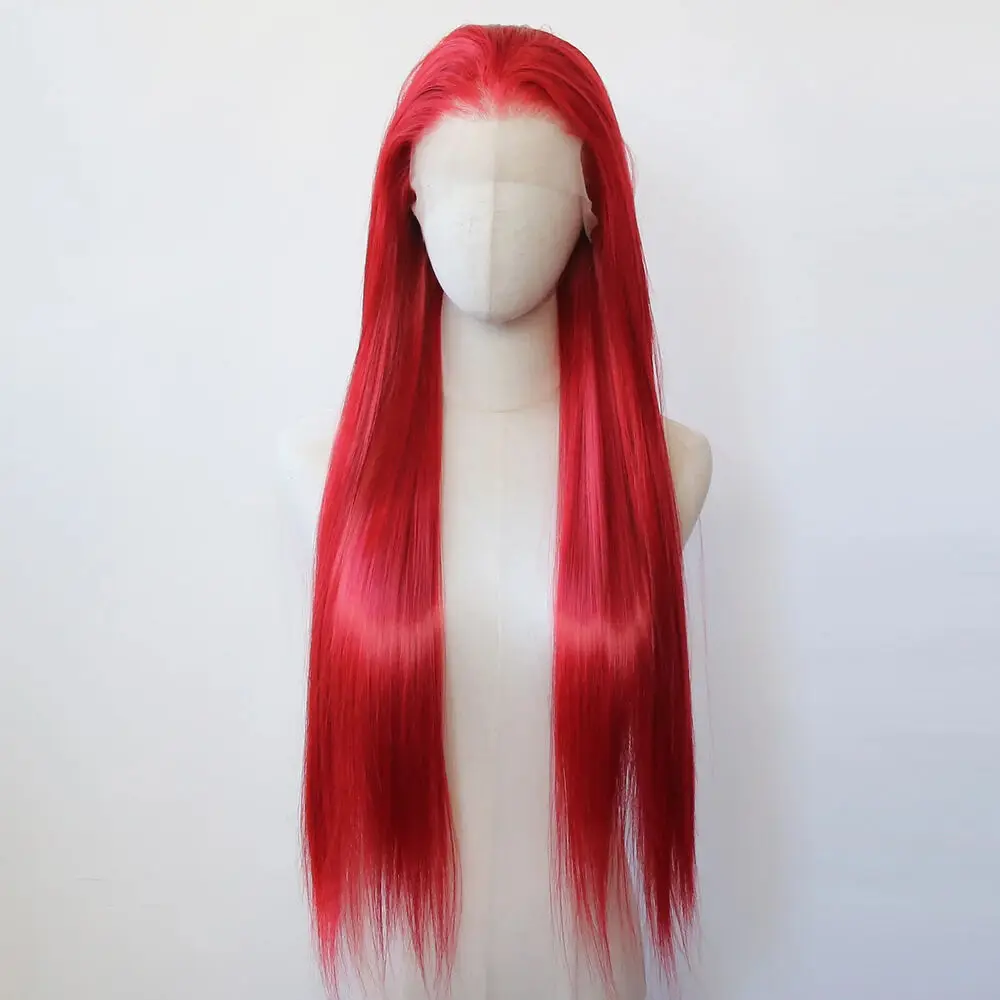 Pelucas frontales de encaje en T sin pegamento, cabello sintético liso Natural rojo resistente al calor