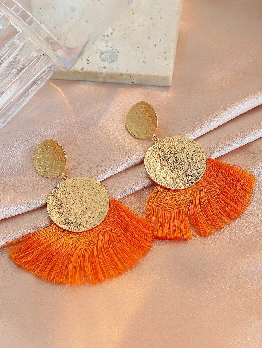 Tassel Decor Round Drop Earrings for Women  Fan-Shaped Tassel Earrings Bohemian Handmade Geometric Hollow Earrings