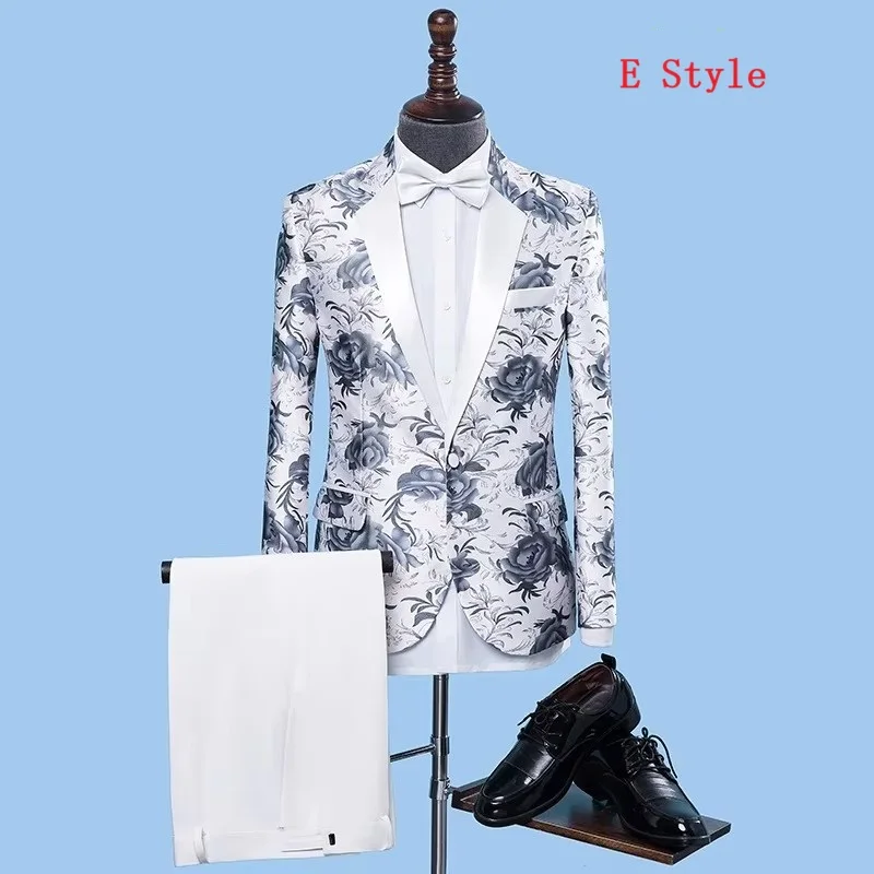 Auriparus flaviceps Floral Groom Tuxedos 2 Pieces Groomsman Suit Costumes white pant Printed Suits Performance Man Suits Stage