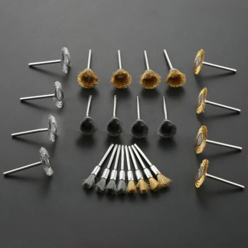 24Pcs 브래스 경감 님이 강철 와이어 브러쉬 세트 다이 그라인더 로타리 금속 녹 제거 브러시 전원 로타리 도구에 대한 연마 휠