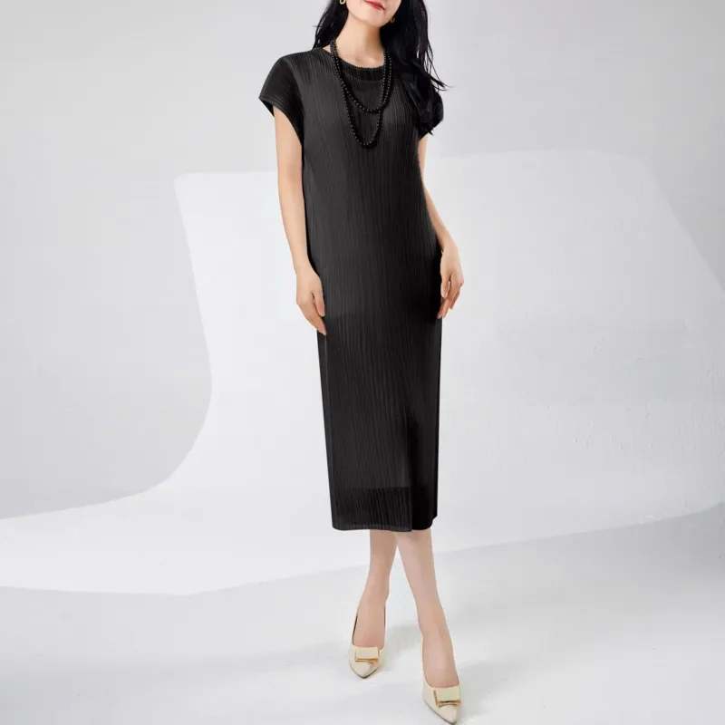 

2025 Summer New Wave Fashion Casual Double Layer Design Loose Women's Dresses Miyake Round Neck Short Sleeve Solid Dress