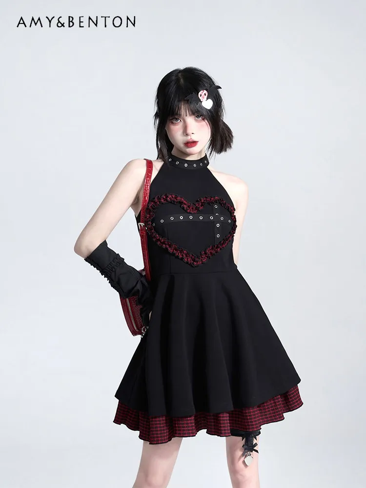 

Summer New American Goth Street Punk Style Spice Girl Tighten The Waist Thin Black Red Plaid Splicing Sleeveless Short Dress
