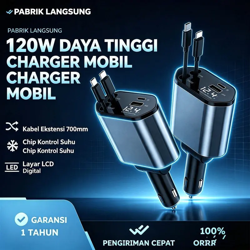 120W Fast Car Charger,Built‑in Retractable Type‑C & Lightning Cables,Starry‑Sky Projection & 180°Rotatable Design,Plug‑and‑Play