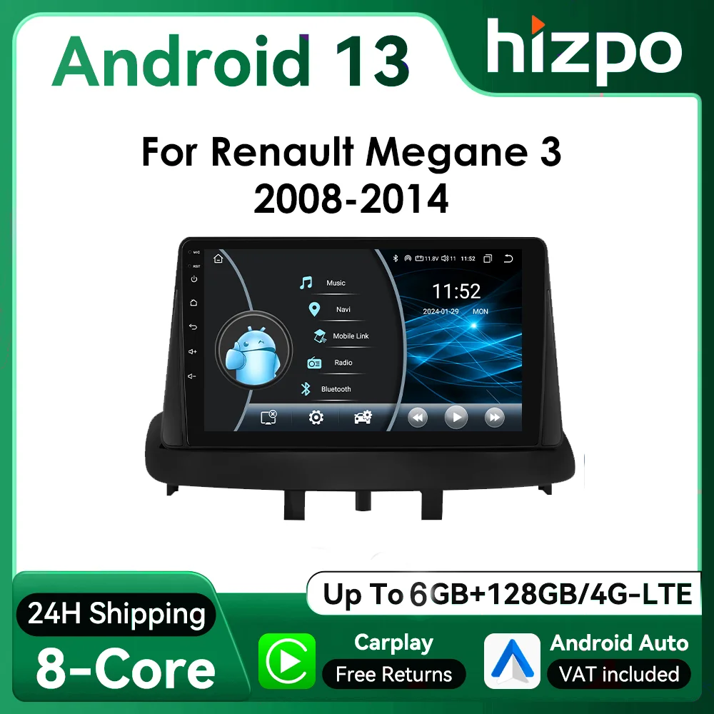 Hizpo 2Din 9inch Android Auto Car Radio for Renault Megane 3 2008 - 2014 BT 4G GPS RDS DSP CarPlay UI8581 intelligent System