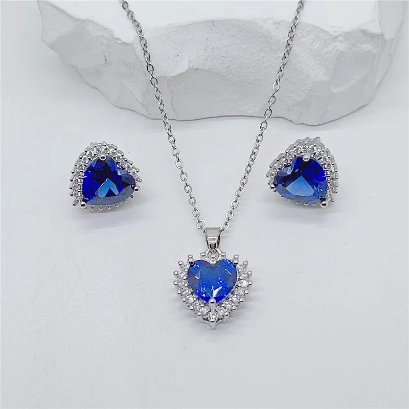 Light Luxury Heart Zircon Jewelry Sets Trendy Geometric Stud Earring Pendant Necklace Stainless Steel Choker For Women Girls