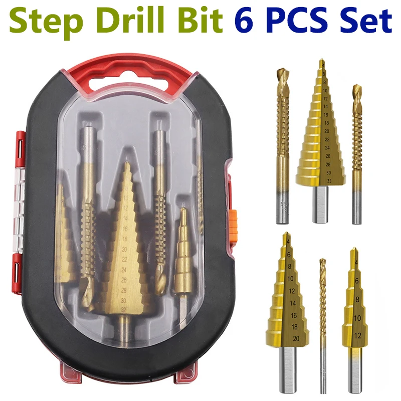 

6PCS Step Drill Bit Set Triangle Shank Hole Opener Wood Aluminum Metal Plastic Panel Drilling Electric Rotating Tool Accessories