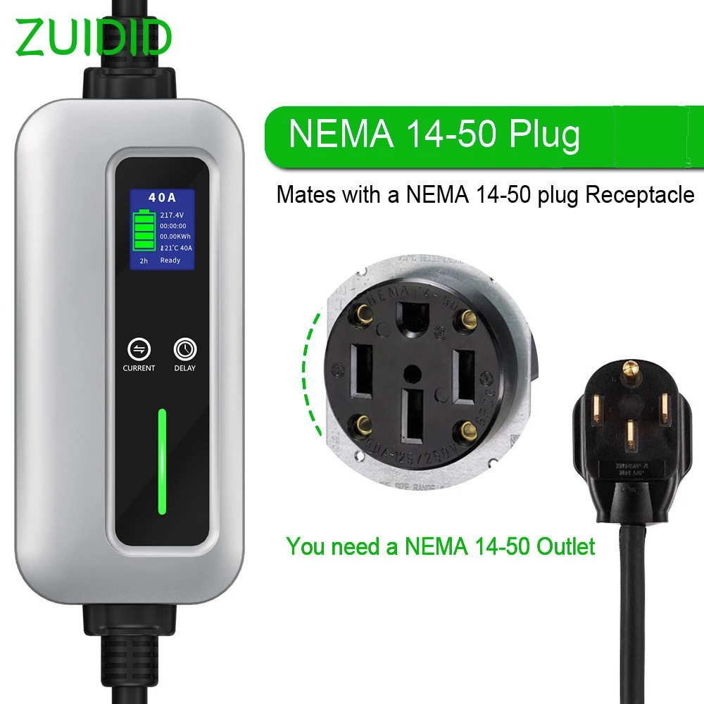 32A Type1 EV Charger with 5M Cable 7.4KW Mode2 Proable Car Charger America NEMA 14-50 Plug Delayed Charging Power Saving Charger