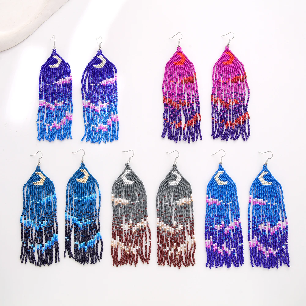 Beaded earrings Tassel Moon Bohemia Design Originality Hand knitting Geometry Female Tide Simple Rice bead earrings