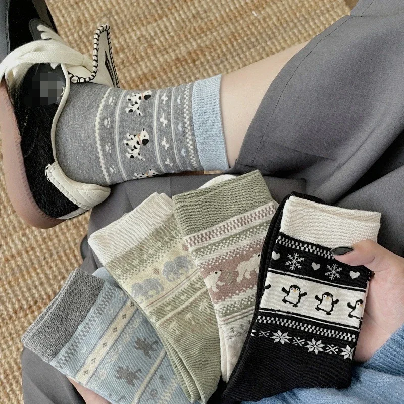 

5 пар носков в стиле ретро с милыми мультяшными животными, без швов, для весны и осени, дышащие, впитывающие пот, простые повседневные женские носки