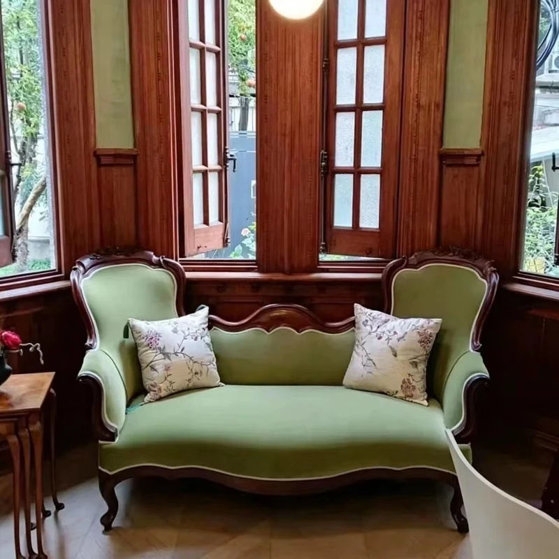 Vintage velvet sofa solid wood carving flower frame sofa suitable for small living room