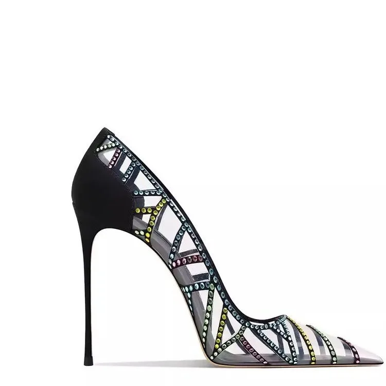 Nuevos tacones altos de punta fina con diamantes de colores 2026, tacones altos con pedrería de punta extremadamente fina