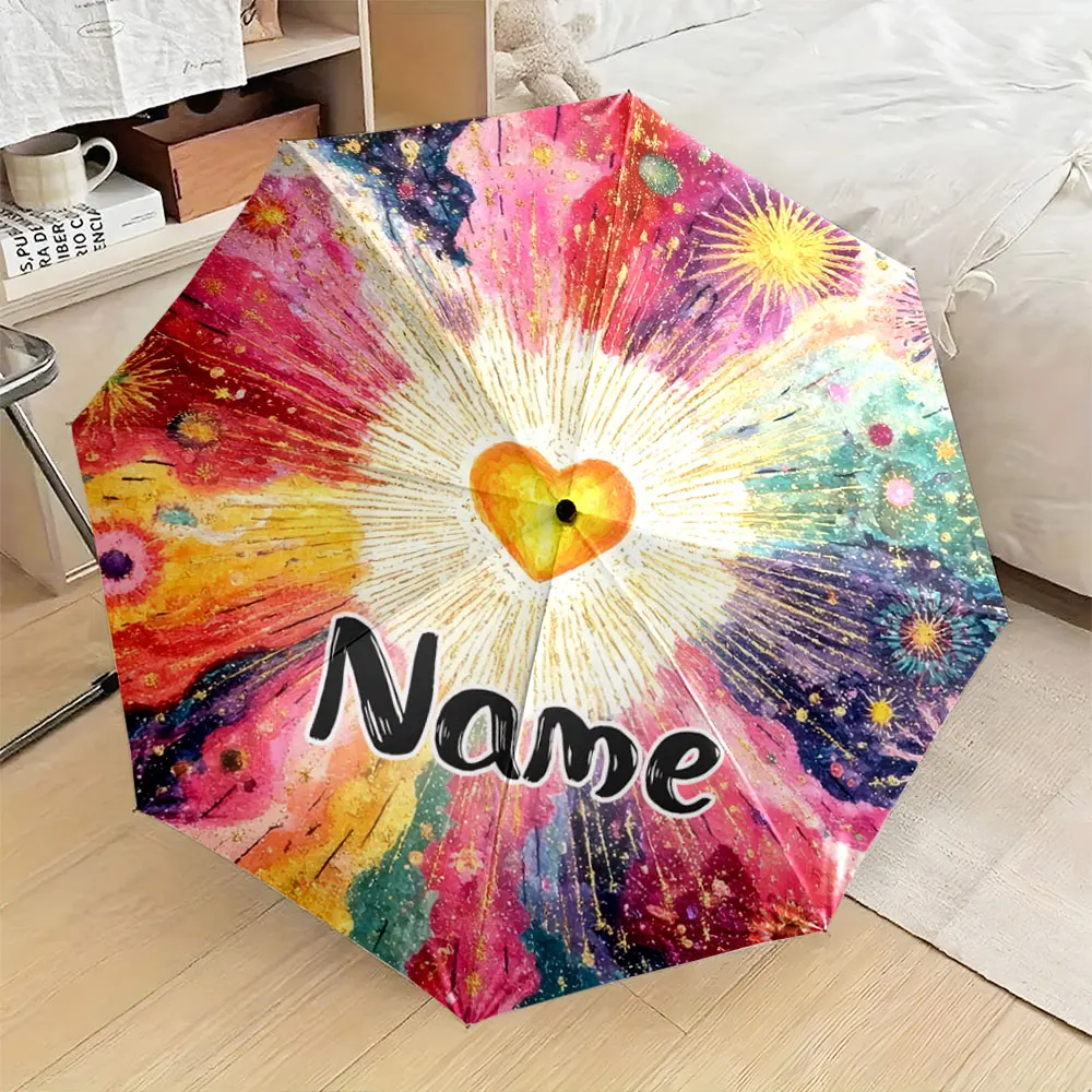 Custom Name Umbrella, Colorful Abstract Heart Design Umbrella with Radiating Patterns Folding Umbrella for Sunny and Rainy,Gift
