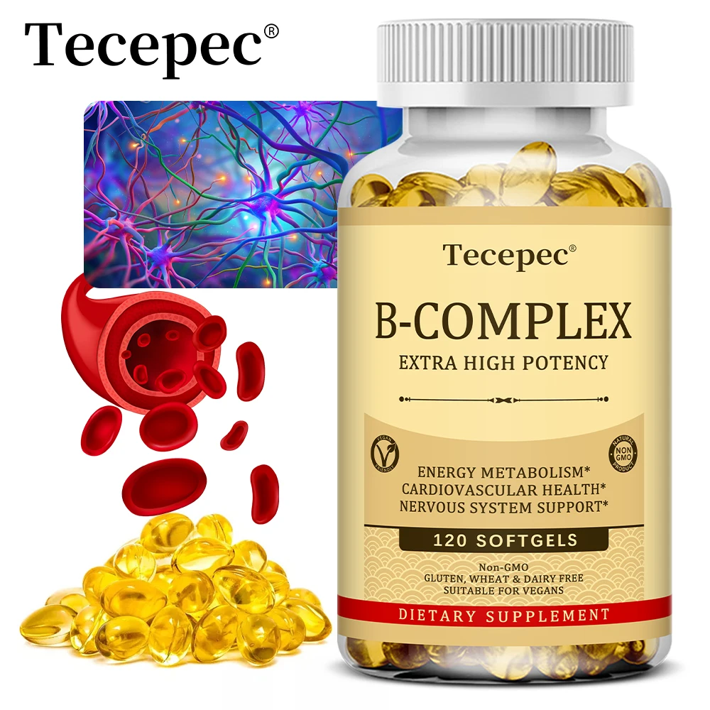 مكملات فيتامين Tecepec B-complex (B12 B1 B2 B3 B5 B6 B9 حمض الفوليك والبيوتين)، كبسولات هلامية لدعم المناعة والطاقة، غير وراثيًا