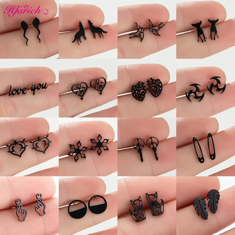 Punk Stainless Steel Black Earrings Women Men Fashion Snowflake Wolf Darts Tadpole Key Heart Earring Chihuahua Jewelry Wholesale