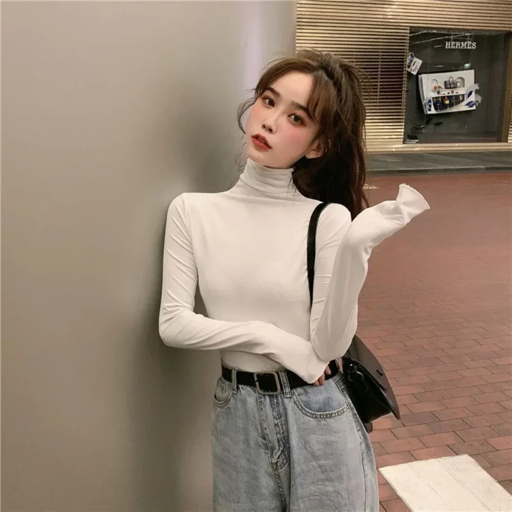 YSZWDBLX Women T-shirts Autumn Winter Modal Bottoming Shirt Warm Turtleneck Inner Wear Korean Casual Slim High Strecth Tops