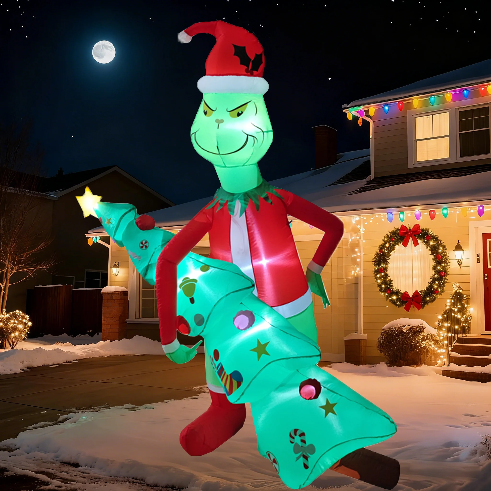 

7FT-Tall Christmas Inflatable Green Character Dressed in a Santa Hat Holding a Christmas Tree Indoor/Outdoor Holiday Decoration