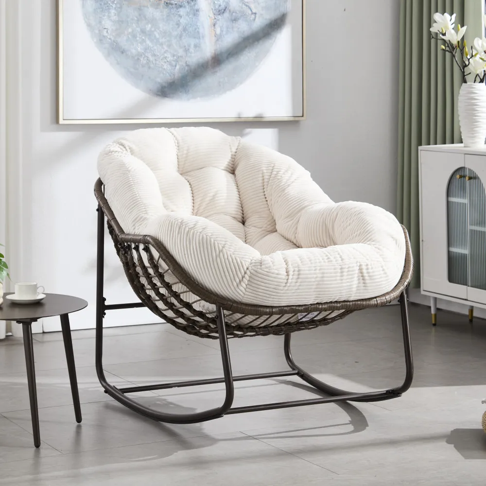 Sillón reclinable, mecedora acolchada de ratán, respaldo, robusta estructura de acero, ideal para salas de estar, patios y jardines, estilo francés moderno.