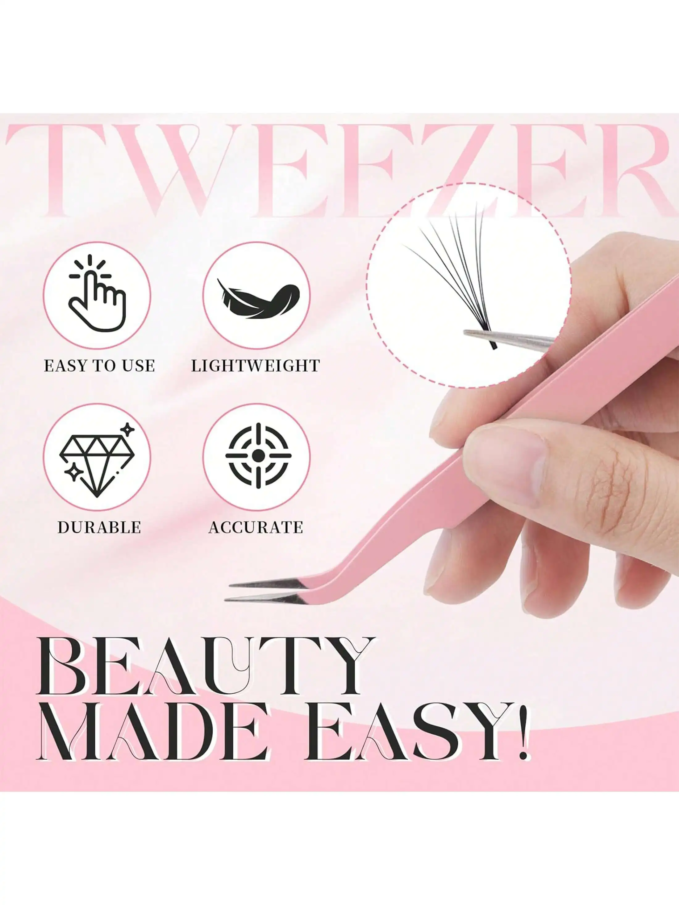 1PC ピンクまつげエクステンションピンセット – ドルフィンハンドル、アルコールフリー、家庭用およびサロン用