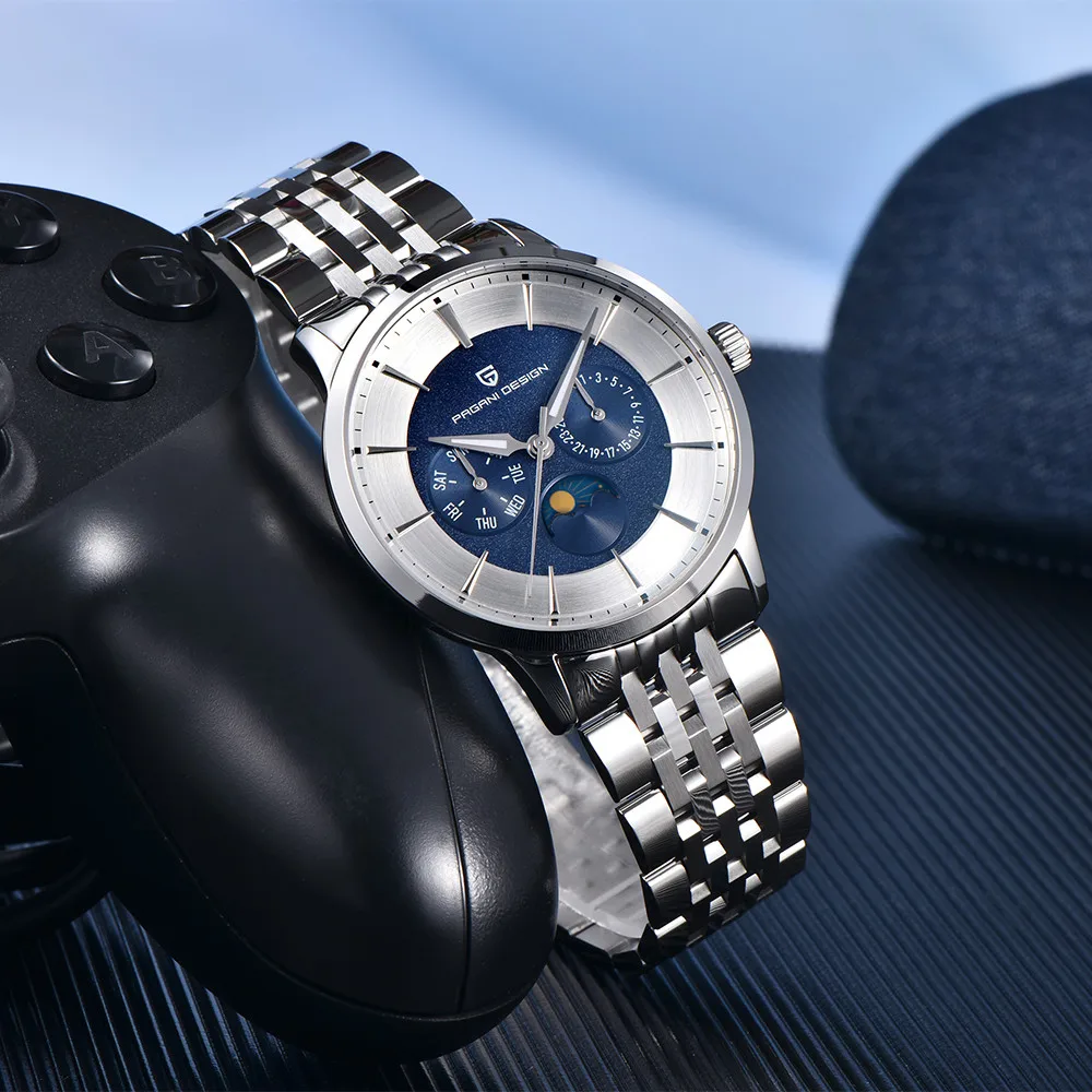 2025 Pagani Design ساعة كوارتز رجالية جديدة Moonphase للأعمال 100 متر مقاومة للماء من زجاج الياقوت ساعة كوارتز متعددة الوظائف للرجال