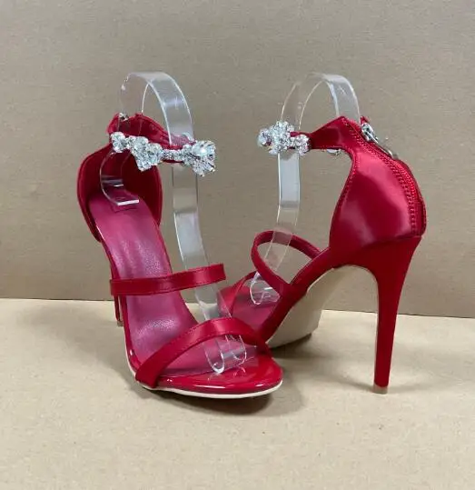 

Red Satin Bling Crystal Diamond Zipper Back Cover Heel Ankle Strap Thin Heels Summer Sandals Women Double Line Banquet Shoes