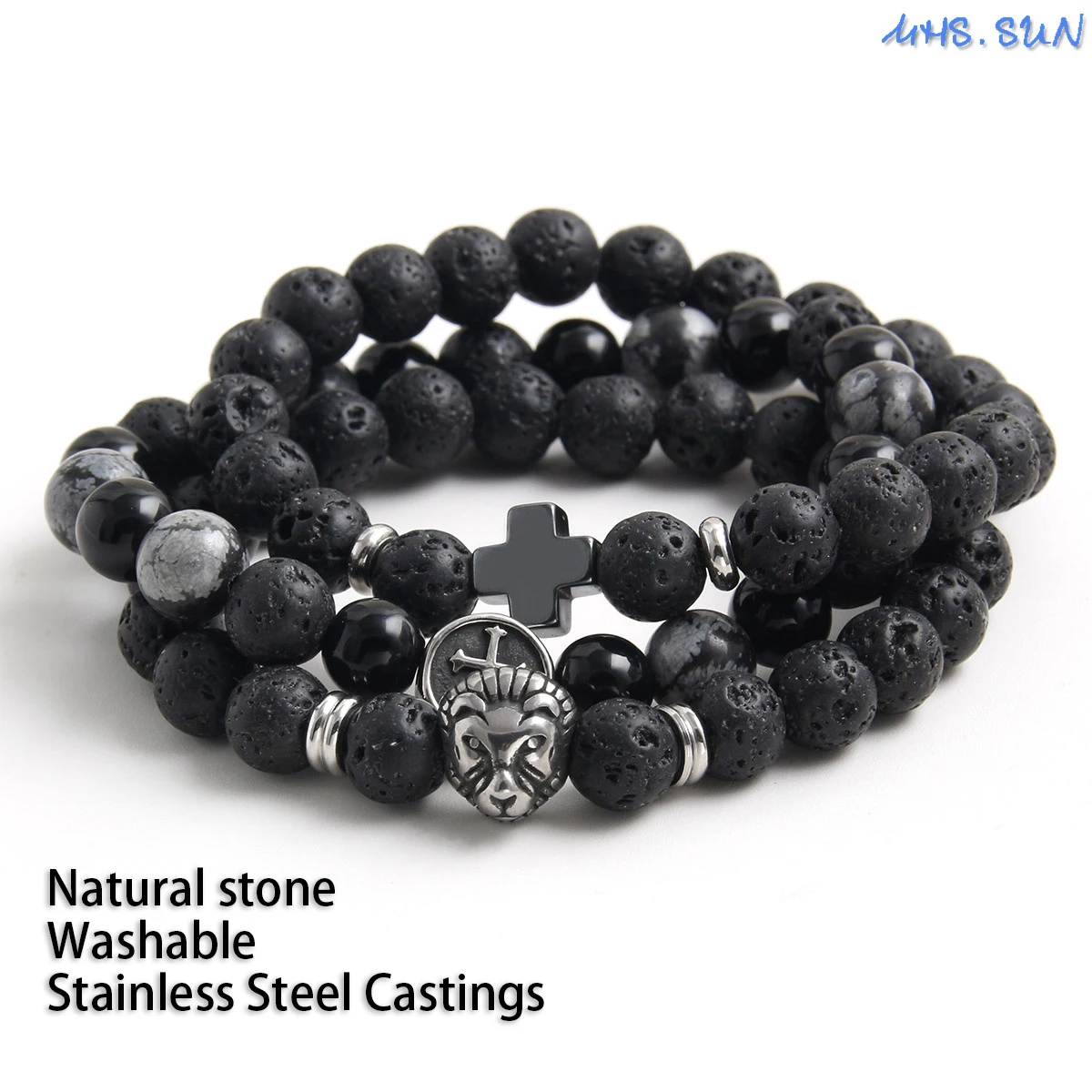 MHS.SUN Handmade Cross Volcanic Beads Bracelet For Men Lava Stone Elastic Pulseras Hombre Stainless Steel Healing Jewelry