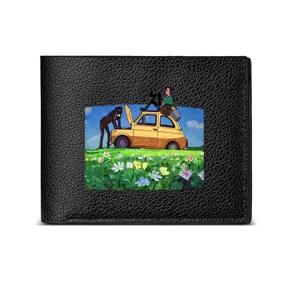 Man With Dog And Car In Flower Field Artistic Wallet Design For Casual Business Style