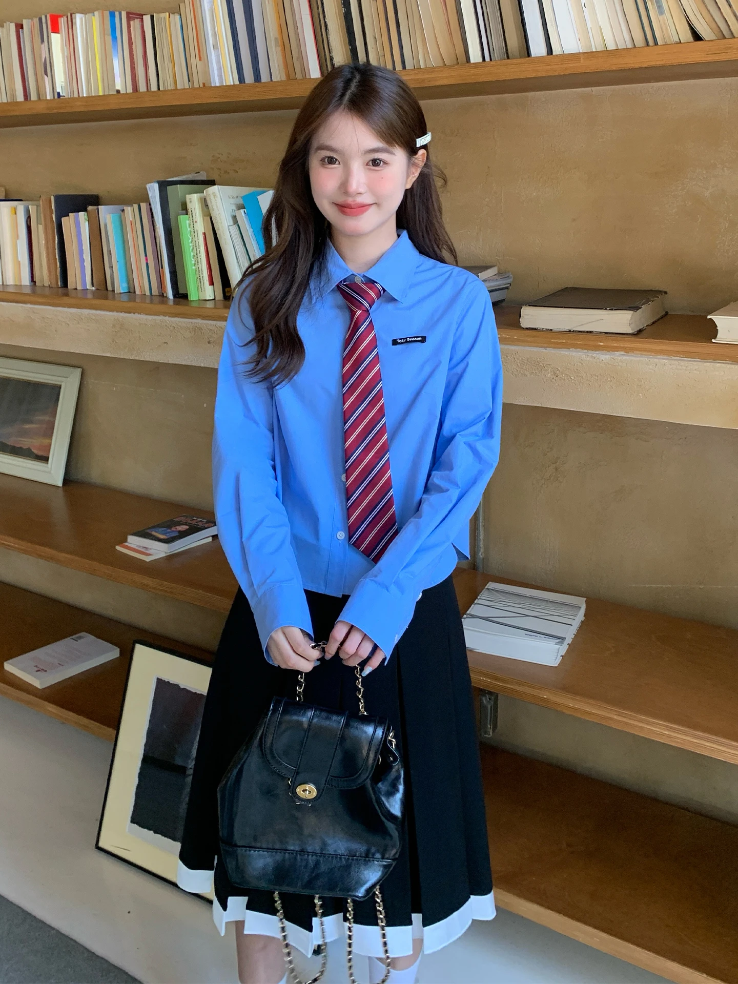 

Tokyo Annual Record JK Sle Long Sve Blue irt Женский базовый свободный хлопковый топ College Faion Универсальный осенний irt