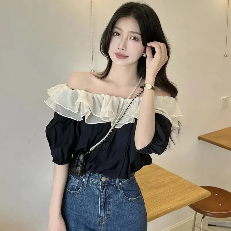 Sweet Off Shoulder Ruffles Patchwork Blouse Summer Short Sleeve Solid Loose Contrast Shirts Temperament Elegant Women Clothing