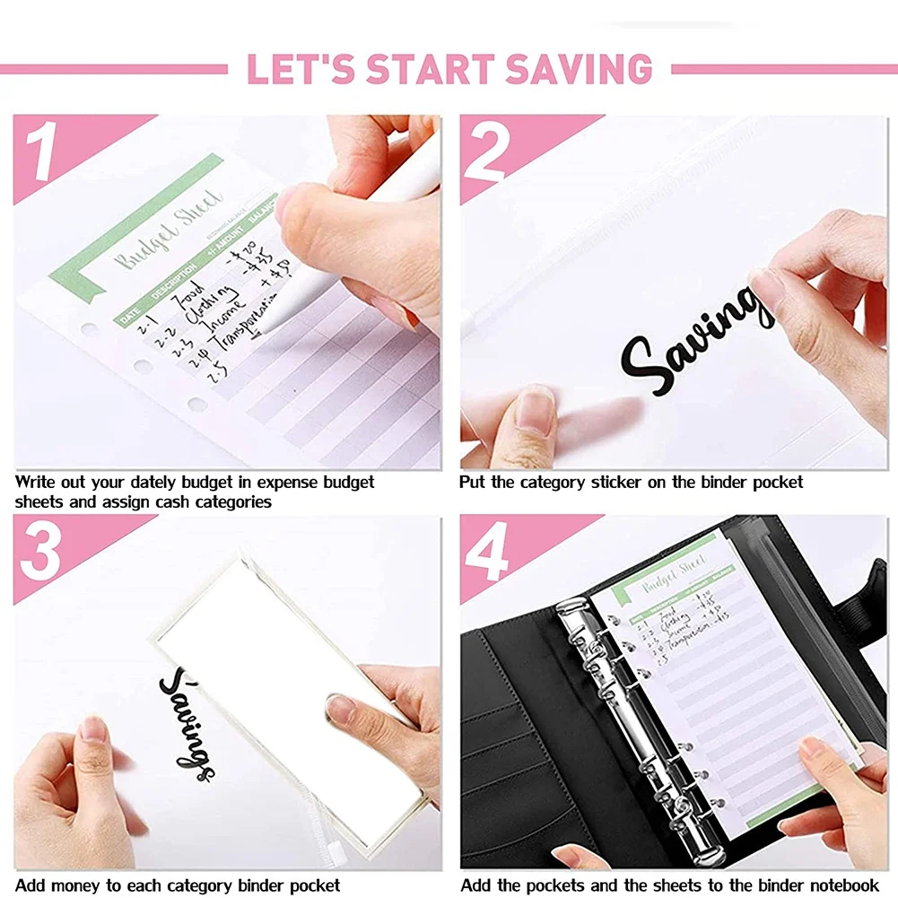 Cash Binder with Budget Envelopes & Expense Budget Sheets Binder Pockets, Cash Budget Binder Zipper Bags Pink