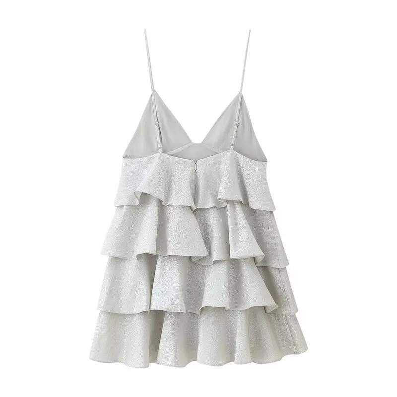 Verão nova chegada fena alça curta com decote em v em camadas decoração vestido bolo saia cintura alta estilo doce sem ma...