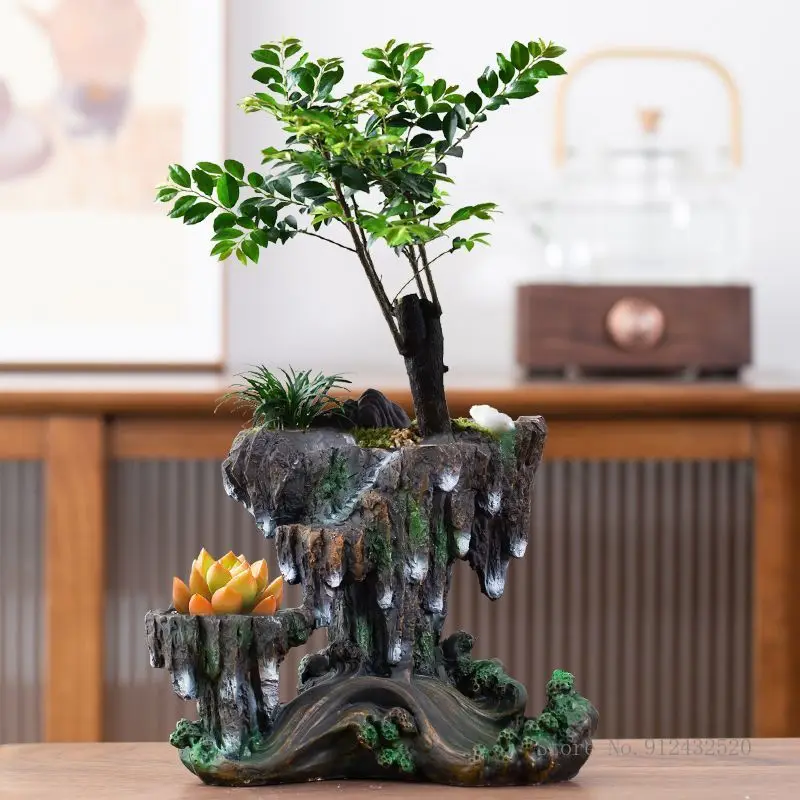 Chinese Bonsai Flowerpot, Home Tabletop Cultivate Green Plants Container, Pastoral Decoration, Resin Irregular Flower Pot, 1Pc