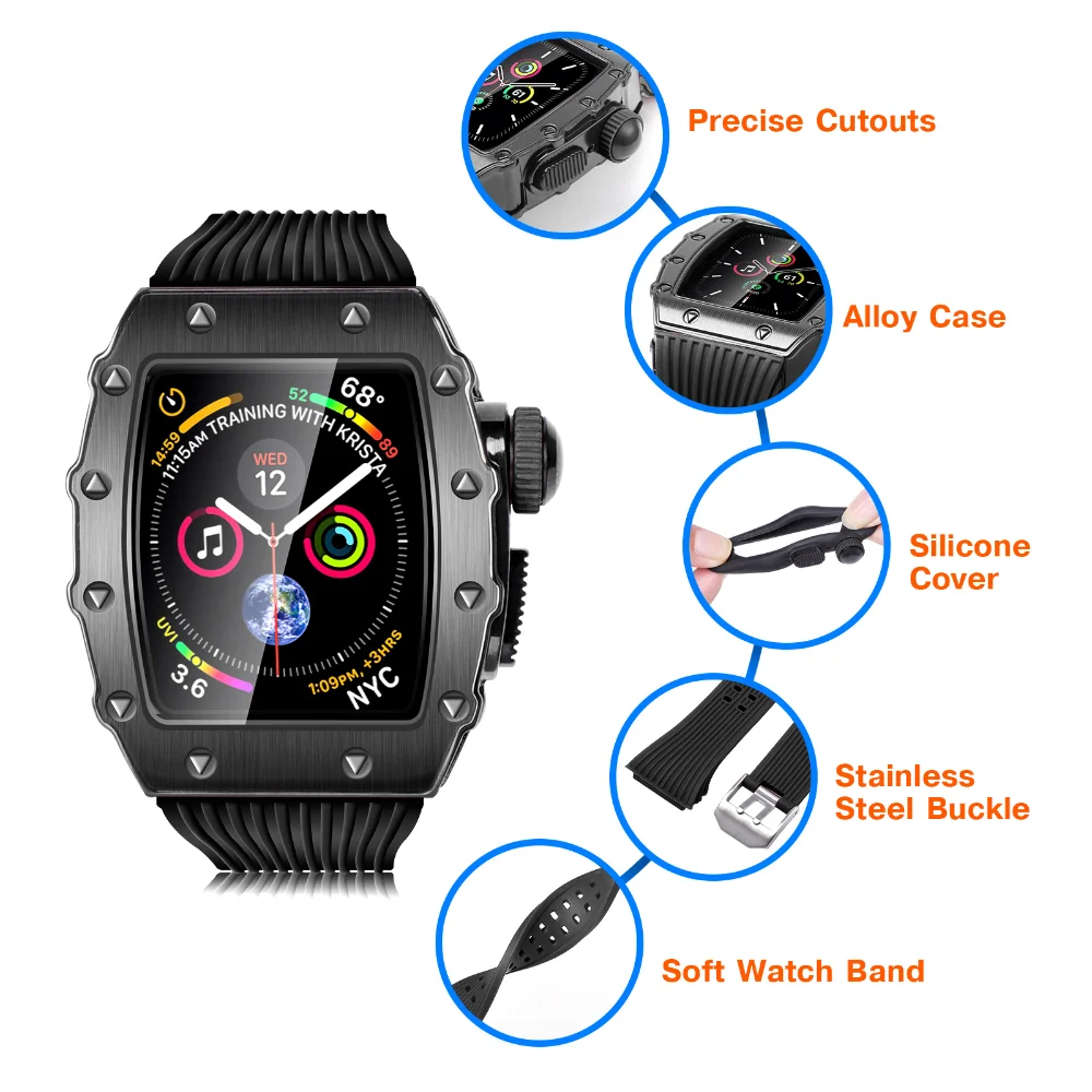 Silicone Lntegrated Suit for Apple Watch 45mm 44mm Bracelet Wristband Stainless Steel Protective Shell for iWatch 8 7 6 5 4 SE