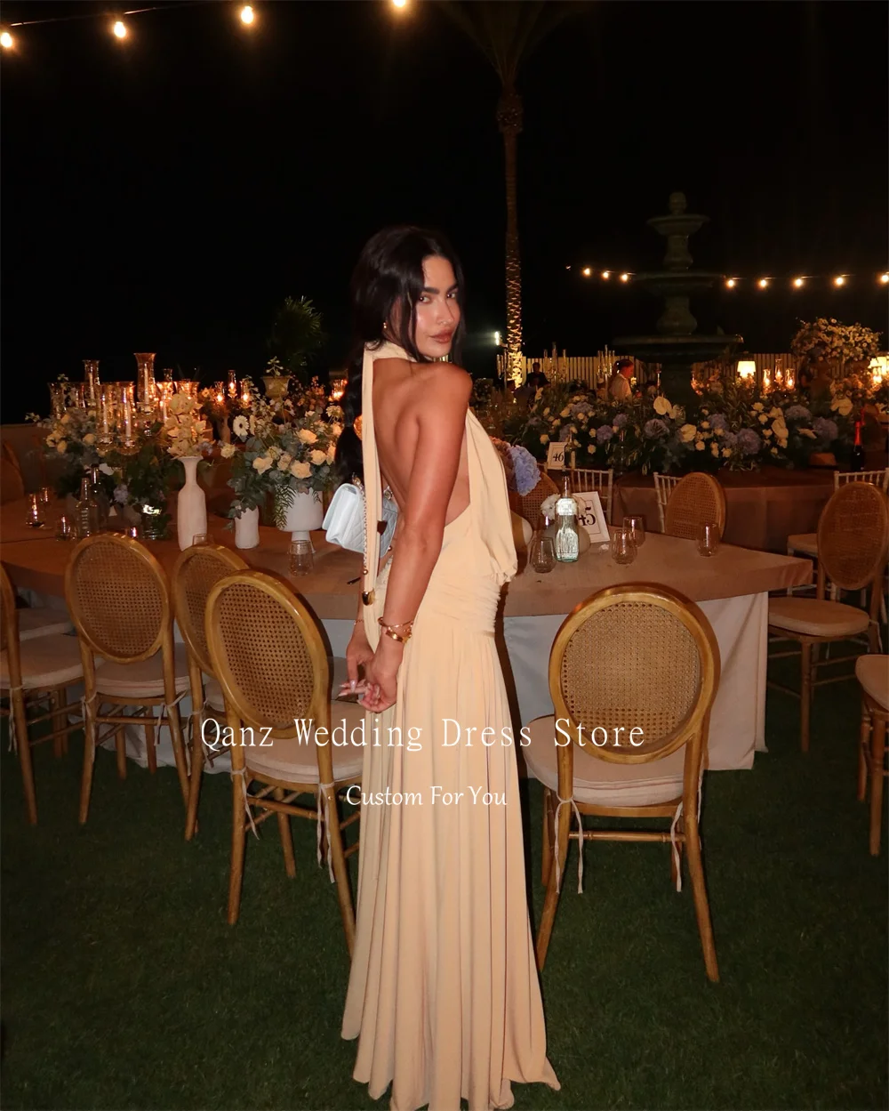 Qanz Modern Evening Dresses Halter Neck Sleeveless Yellow Prom Dress Floor Length Elegant Dresses For Special Event Customized