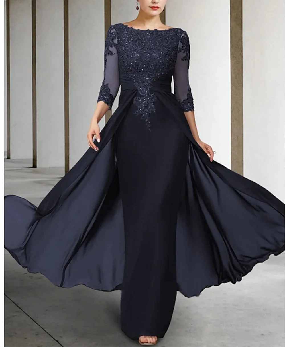 

Sheath Mother of the Bride Dress Elegant Jewel Neck Floor Length Chiffon Lace 3/4 Length Sleeve Mother of Groom Dresses