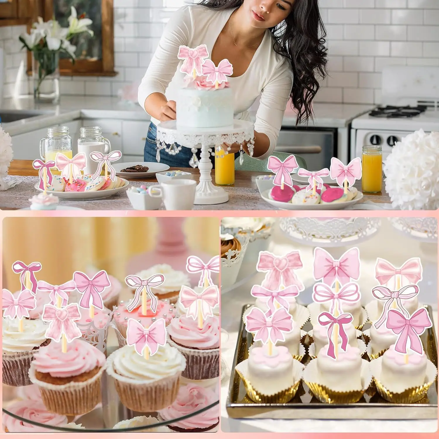 18 Stück rosa Fliege Kuchendekoration, Mädchen Schleife alles Gute zum Geburtstag Kucheneinsatz – Detail 5