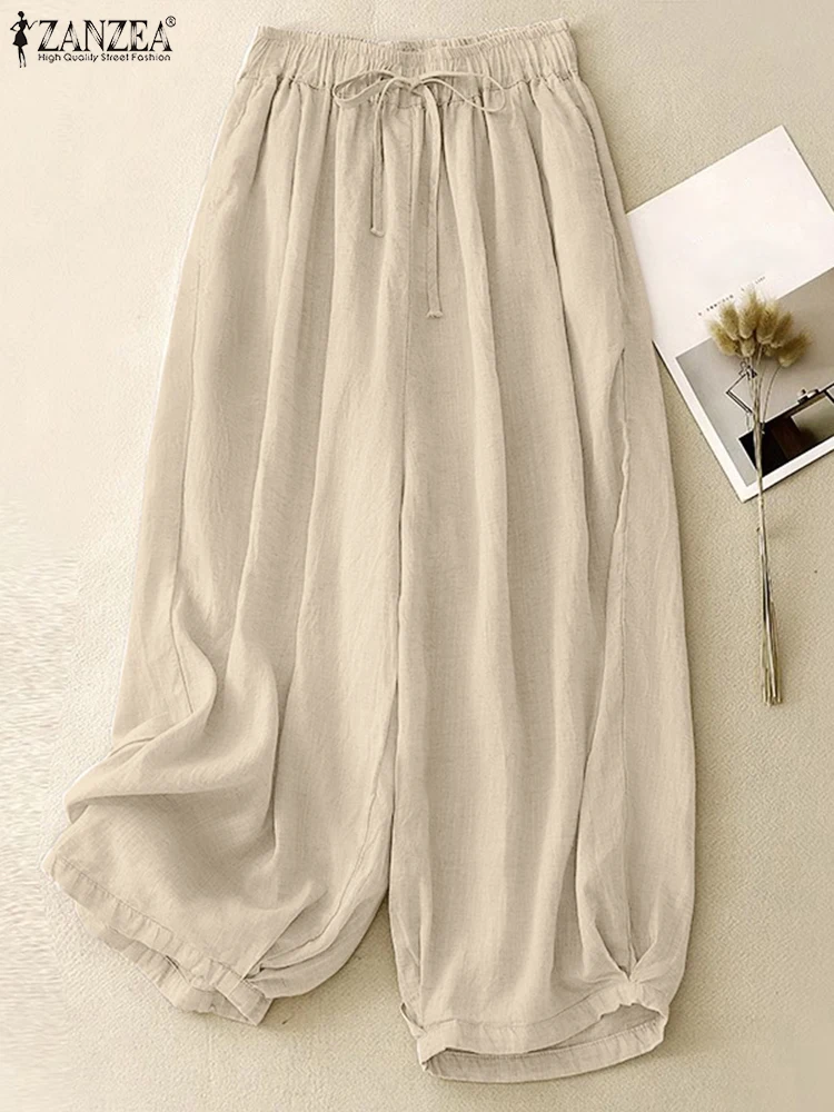 

Women Solid Color Pants ZANZEA Holiday Summer Drawstring Long Trouser 2025 Casual Loose Lantern Pantalons Fashion Korean Bottoms