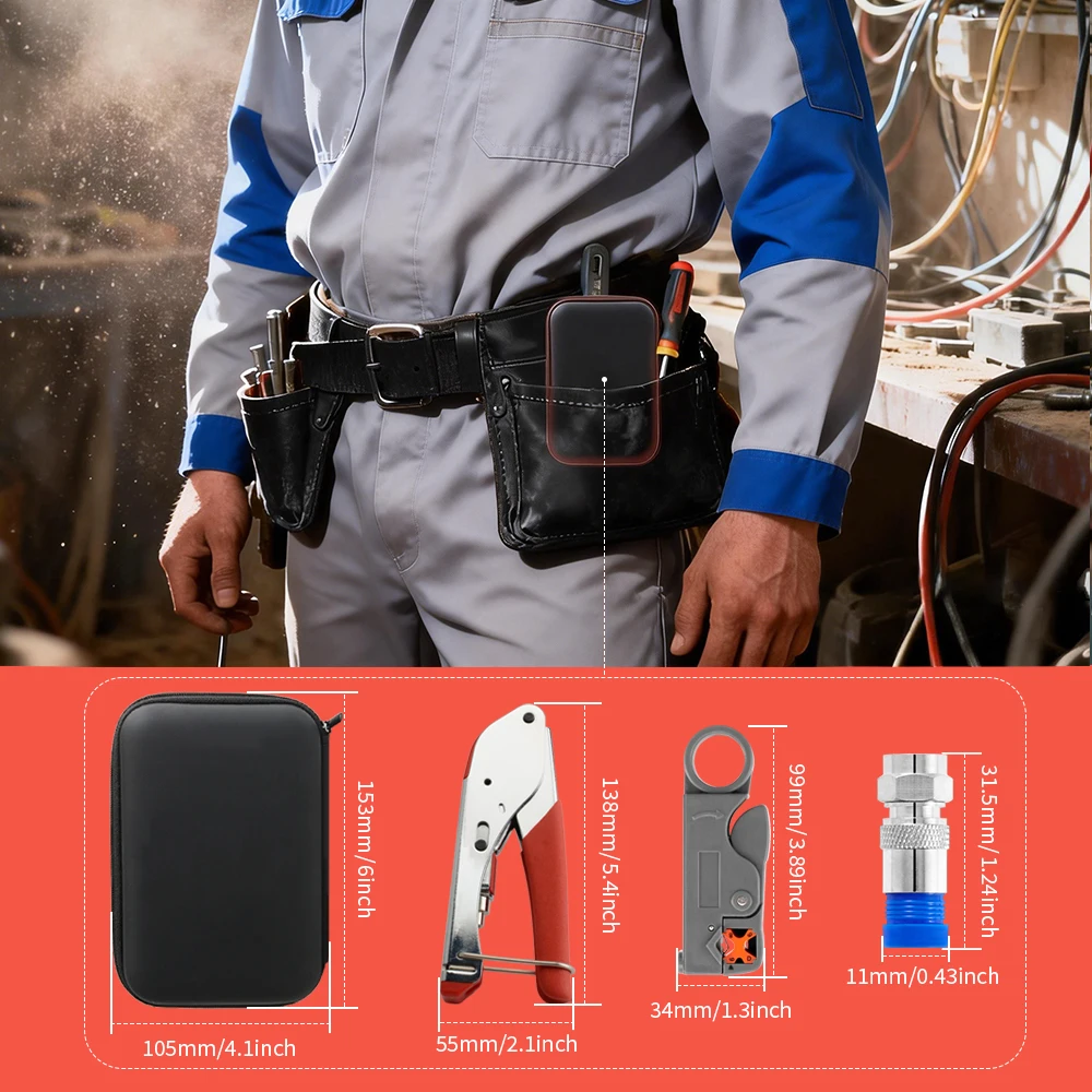 Koaxialkabel-Crimper-Set – verstellbare Kompressionszange für RG6/59 – inklusive Koaxialkabel-Abisolierer und 20 Stück F-Steckern – Detail 4